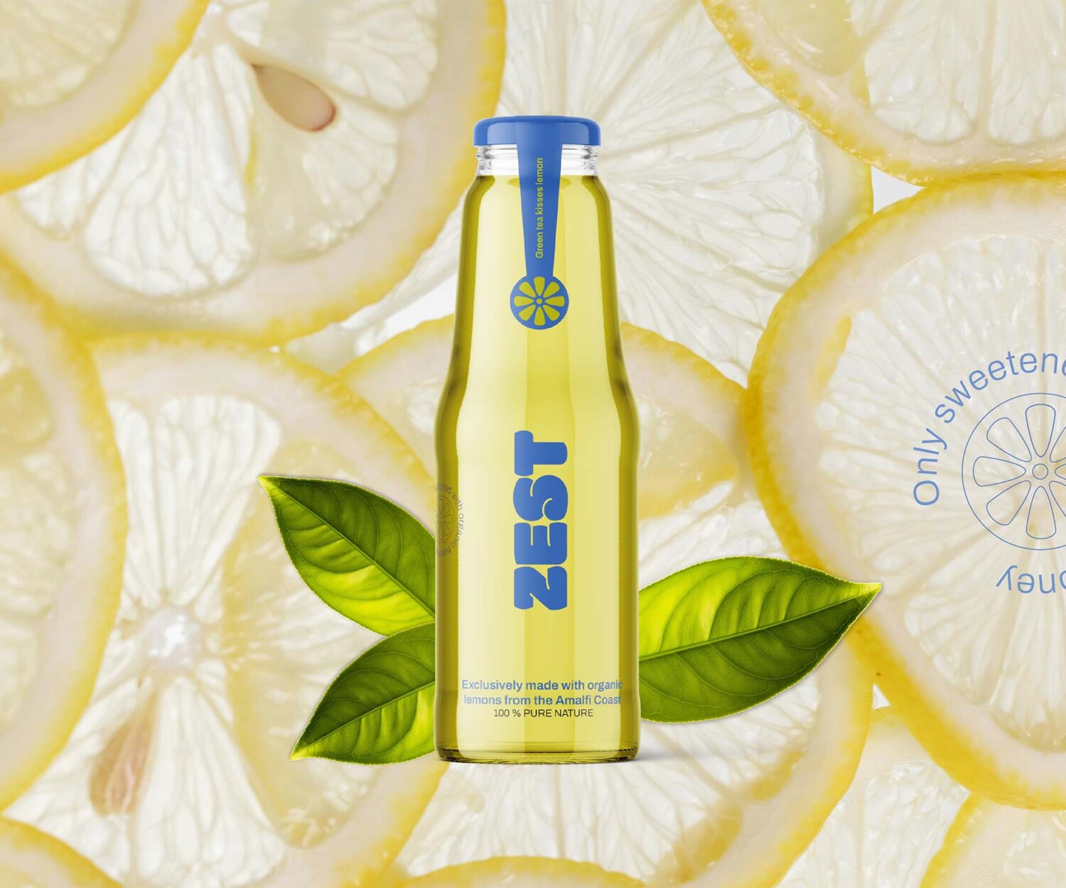 Produktvisualisierung des Packaging Designs für Zest Green Tea mit Zitronenelement