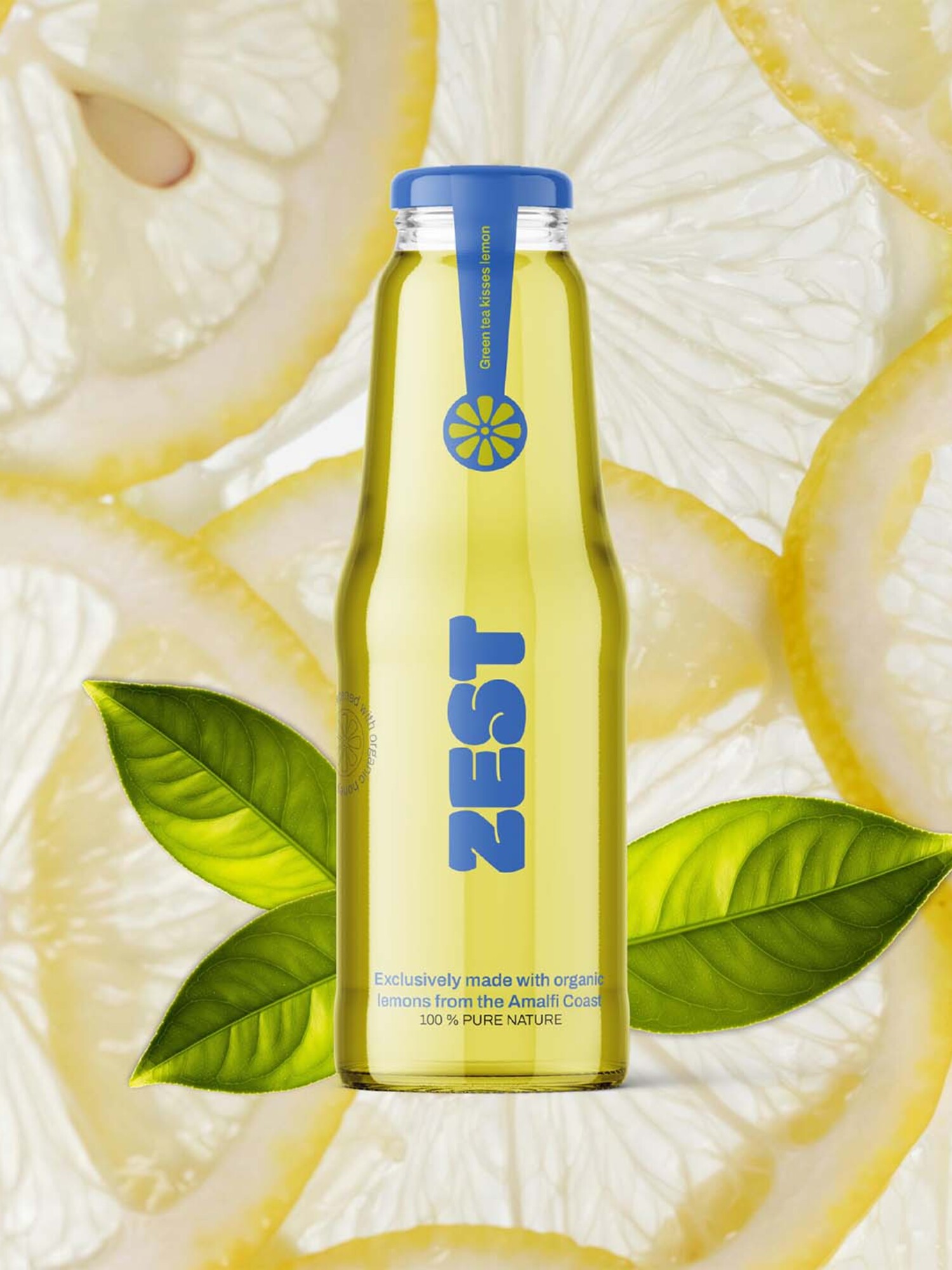 Produktvisualisierung des Packaging Designs für Zest Green Tea mit Zitronenelement