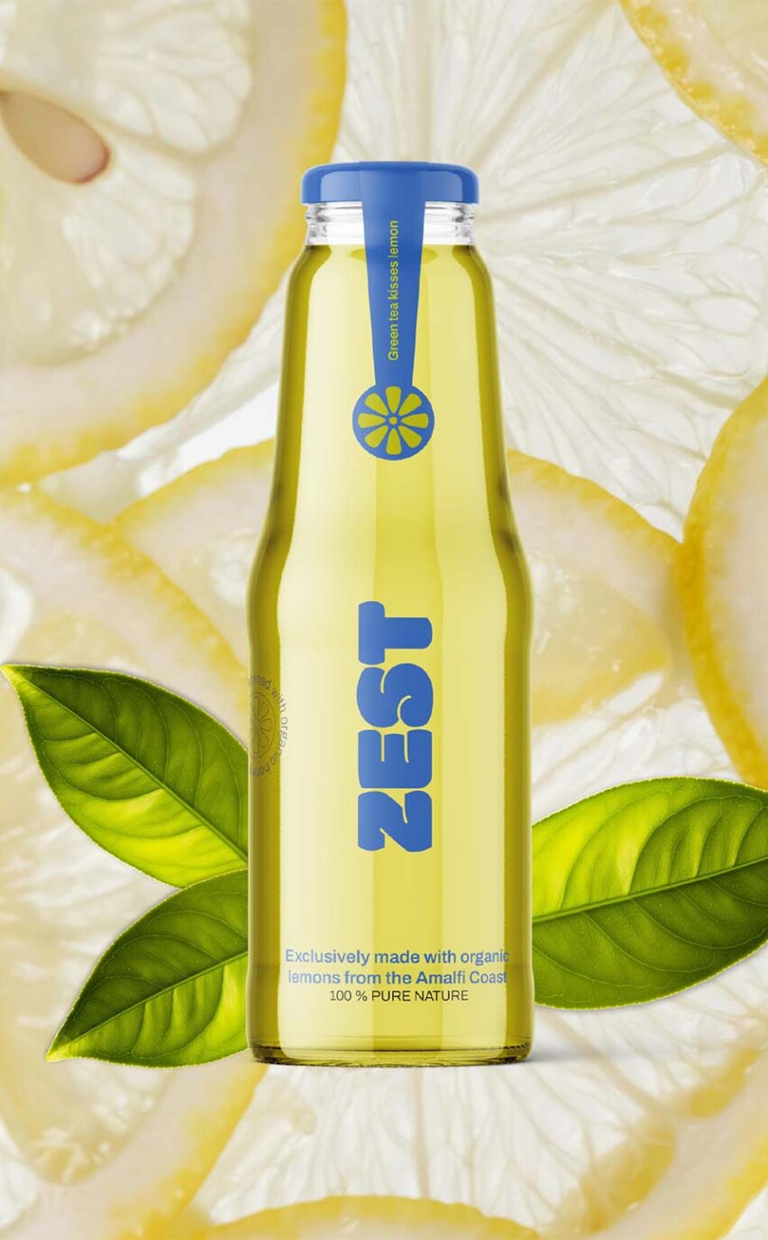 Produktvisualisierung des Packaging Designs für Zest Green Tea mit Zitronenelement
