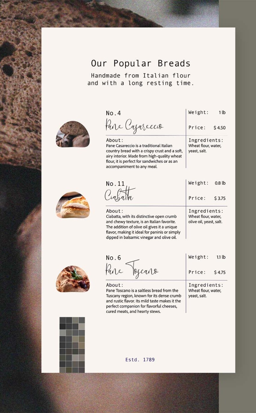 Preislisten und Flyerdesign für Bäckerei il Panetto