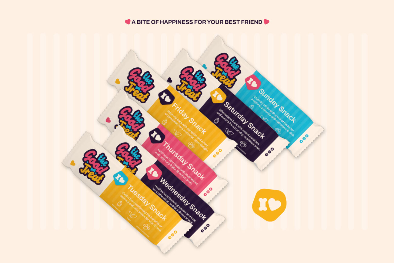 Gestaltung von 7 Snack-Verpackungen im Corporate Design von The Good Treat